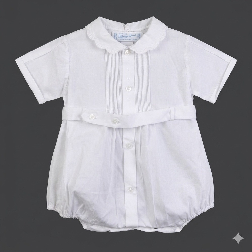 VTG Feltman Bros Hand Embroidered Smocked Baby Bubble Creeper Romper Read